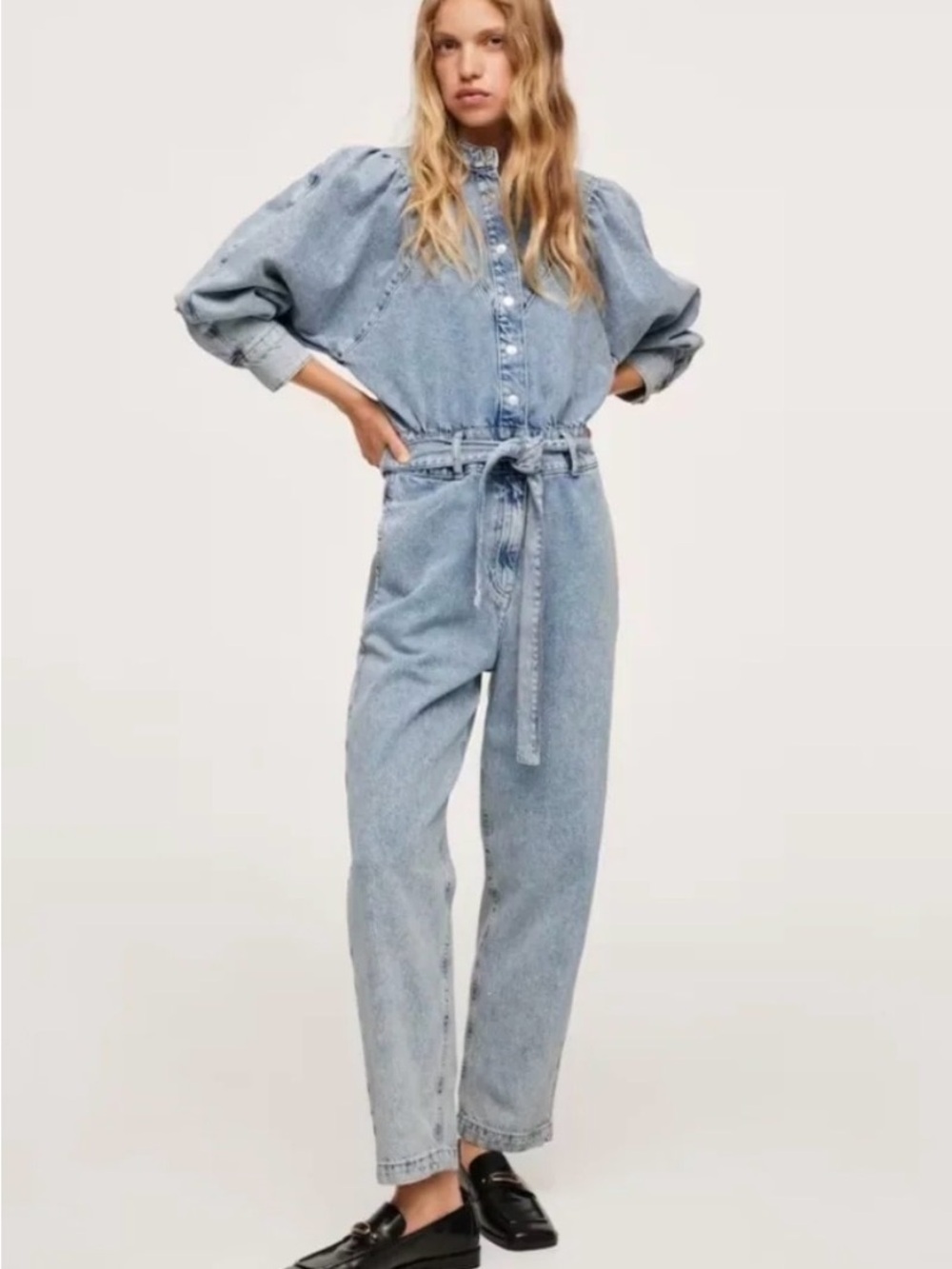 High-Waist Light Blue Denim Jumpsuit with Tie Belt